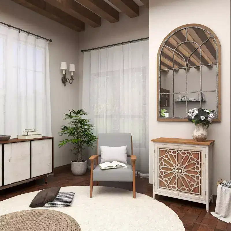 Miroir mural en bois inspiré d'une vitre de fenêtre, avec dessus arqué, marron, finition blanc délavé vieilli