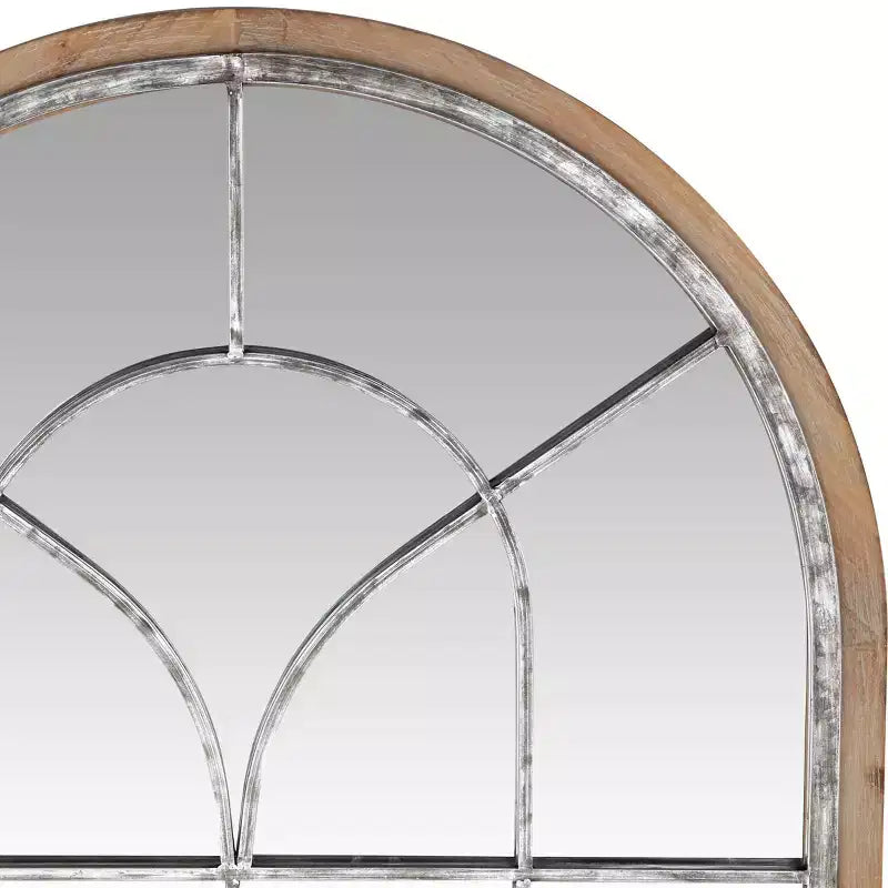 Miroir mural en bois inspiré d'une vitre de fenêtre, avec dessus arqué, marron, finition blanc délavé vieilli