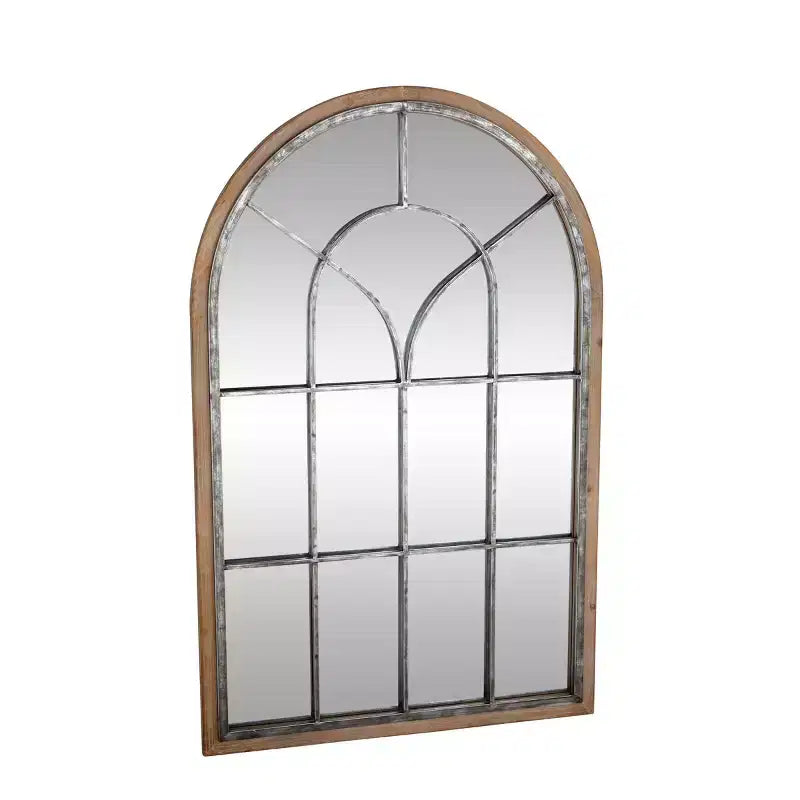 Miroir mural en bois inspiré d'une vitre de fenêtre, avec dessus arqué, marron, finition blanc délavé vieilli