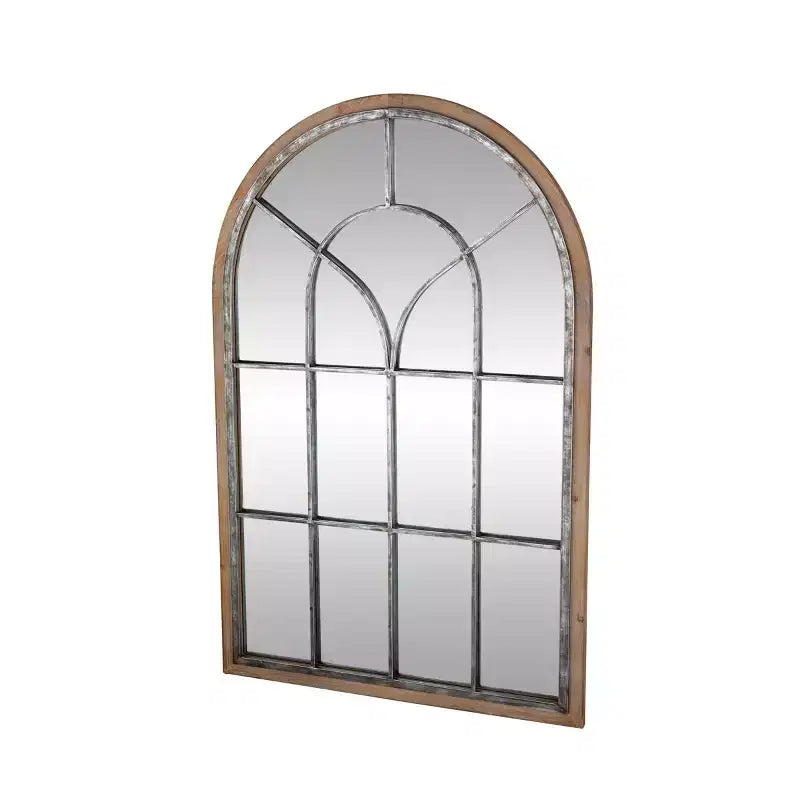 Miroir mural en bois inspiré d'une vitre de fenêtre, avec dessus arqué, marron, finition blanc délavé vieilli