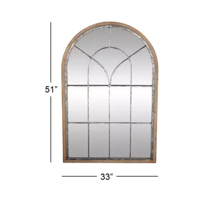 Miroir mural en bois inspiré d'une vitre de fenêtre, avec dessus arqué, marron, finition blanc délavé vieilli