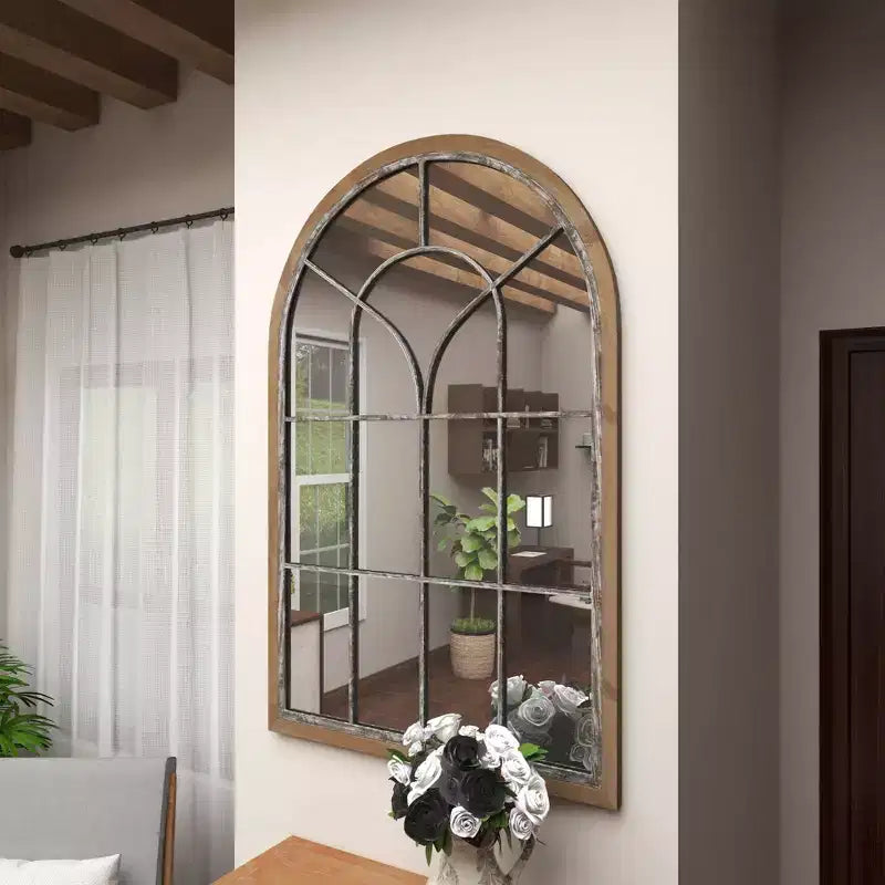 Miroir mural en bois inspiré d'une vitre de fenêtre, avec dessus arqué, marron, finition blanc délavé vieilli