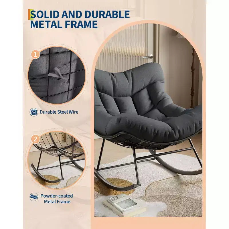 Fauteuil à bascule d'extérieur surdimensionné, Rocker moderne en métal avec coussin, Chaise Papasan supportant 158 kg pour balcon et chambre