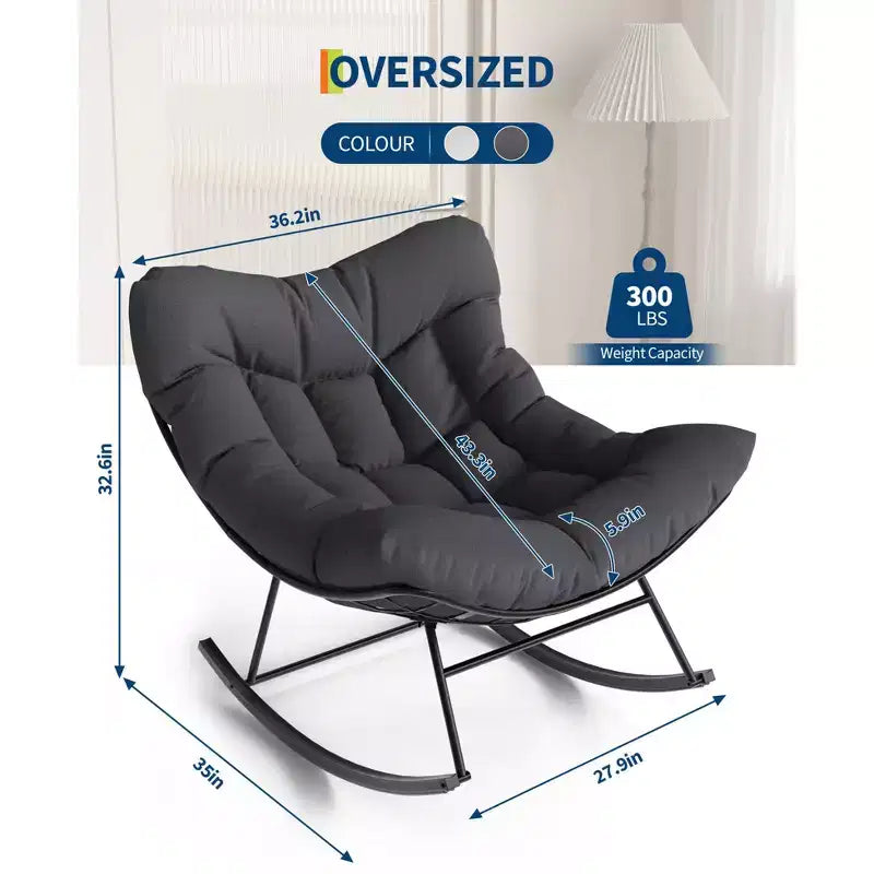 Fauteuil à bascule d'extérieur surdimensionné, Rocker moderne en métal avec coussin, Chaise Papasan supportant 158 kg pour balcon et chambre