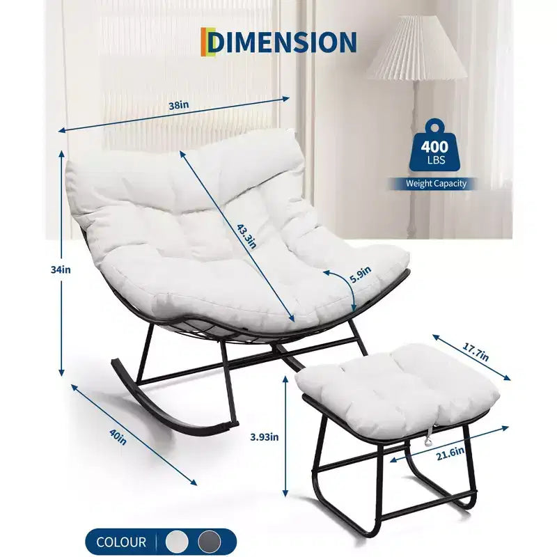 Fauteuil à bascule d'extérieur surdimensionné, Rocker moderne en métal avec coussin, Chaise Papasan supportant 158 kg pour balcon et chambre