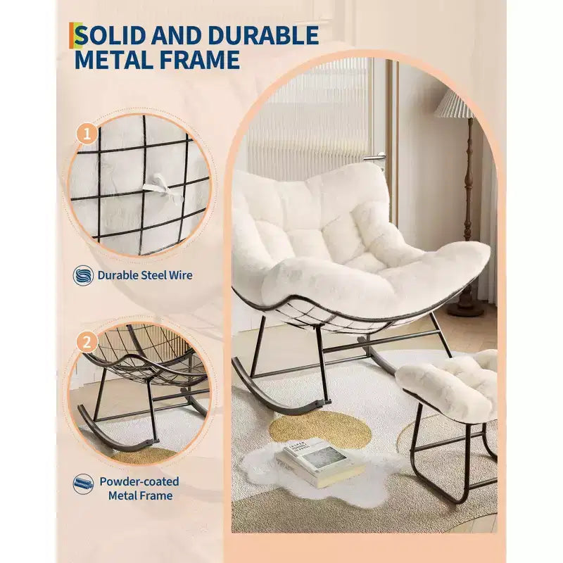 Fauteuil à bascule d'extérieur surdimensionné, Rocker moderne en métal avec coussin, Chaise Papasan supportant 158 kg pour balcon et chambre