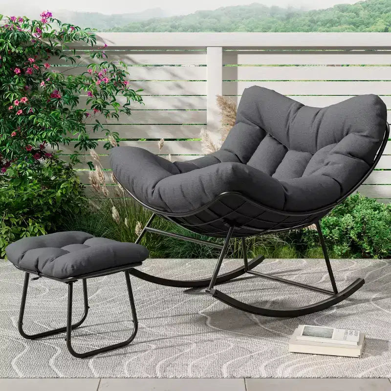 Fauteuil à bascule d'extérieur surdimensionné, Rocker moderne en métal avec coussin, Chaise Papasan supportant 158 kg pour balcon et chambre
