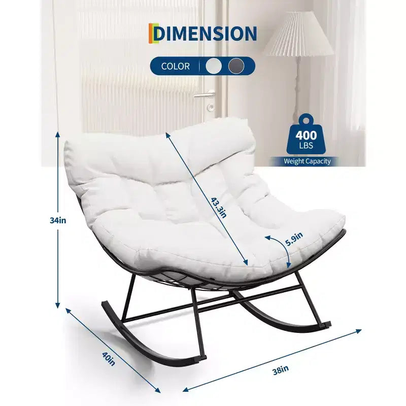 Fauteuil à bascule d'extérieur surdimensionné, Rocker moderne en métal avec coussin, Chaise Papasan supportant 158 kg pour balcon et chambre
