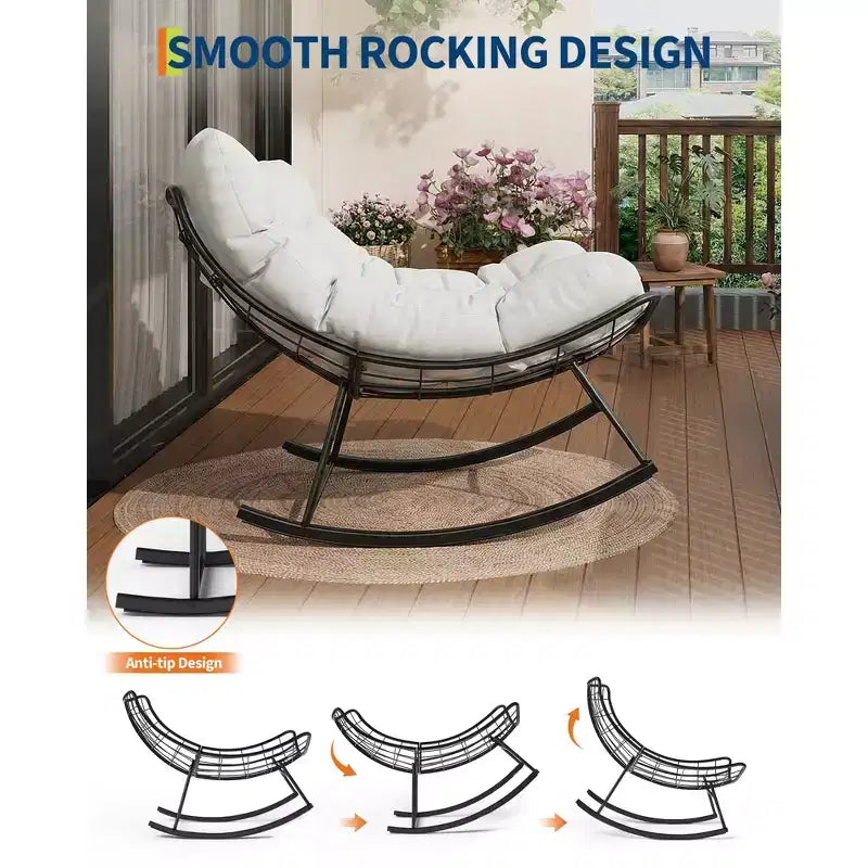 Fauteuil à bascule d'extérieur surdimensionné, Rocker moderne en métal avec coussin, Chaise Papasan supportant 158 kg pour balcon et chambre