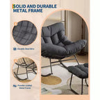 Fauteuil à bascule d'extérieur surdimensionné, Rocker moderne en métal avec coussin, Chaise Papasan supportant 158 kg pour balcon et chambre
