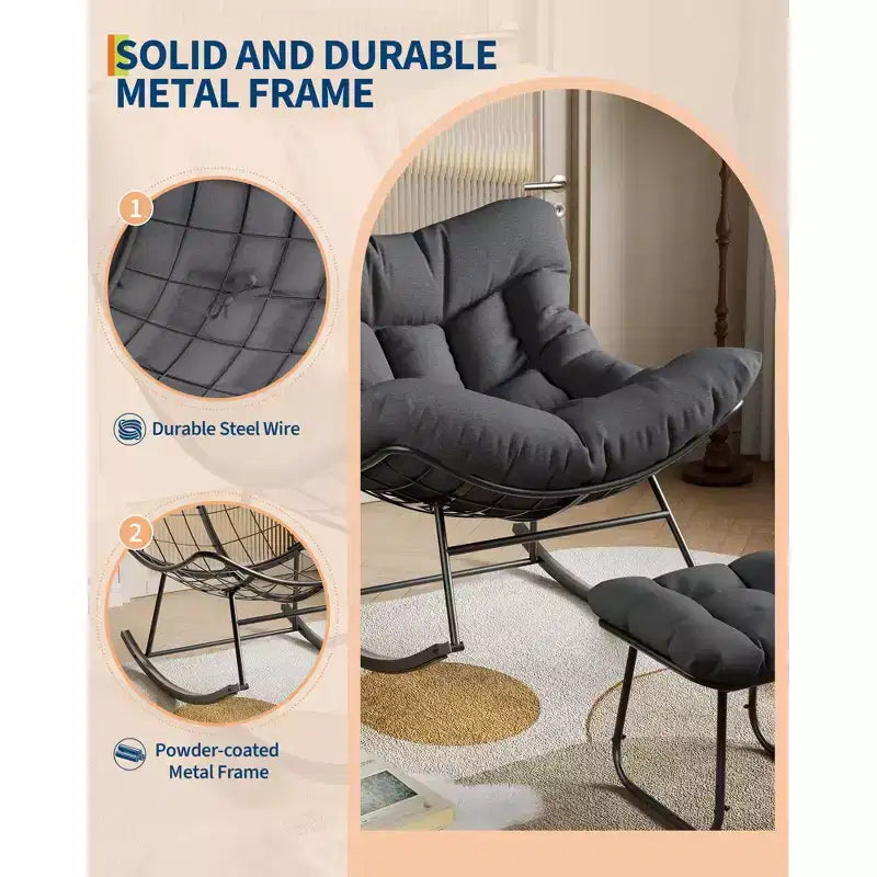Fauteuil à bascule d'extérieur surdimensionné, Rocker moderne en métal avec coussin, Chaise Papasan supportant 158 kg pour balcon et chambre