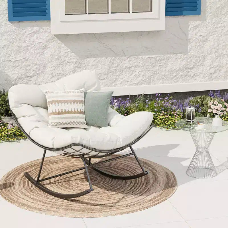 Fauteuil à bascule d'extérieur surdimensionné, Rocker moderne en métal avec coussin, Chaise Papasan supportant 158 kg pour balcon et chambre