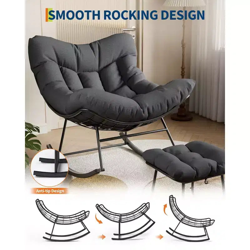 Fauteuil à bascule d'extérieur surdimensionné, Rocker moderne en métal avec coussin, Chaise Papasan supportant 158 kg pour balcon et chambre