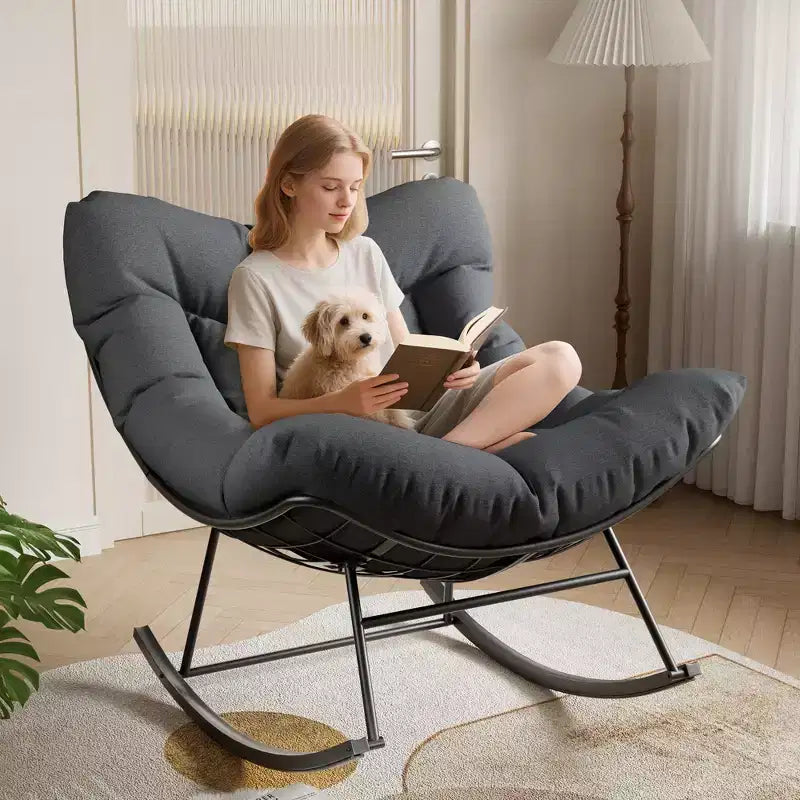 Oversized Outdoor Patio Rocking Chair, Modern Metal Lounge Rocker with Cushion, Papasan Chairs 350lbs Capacity for Balcony& Bedroom