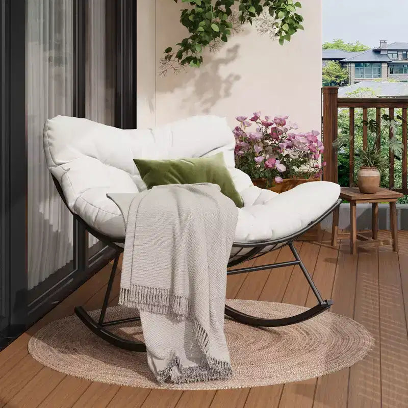 Fauteuil à bascule d'extérieur surdimensionné, Rocker moderne en métal avec coussin, Chaise Papasan supportant 158 kg pour balcon et chambre