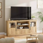 70 TV Stand - Farmhouse Entertainment Center with Wave Design, 2 Glass Door Cabinets + 2 Open Shelves, Media Console for Living Room
