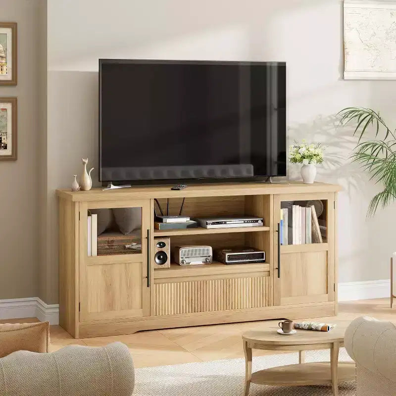 70 TV Stand - Farmhouse Entertainment Center with Wave Design, 2 Glass Door Cabinets + 2 Open Shelves, Media Console for Living Room