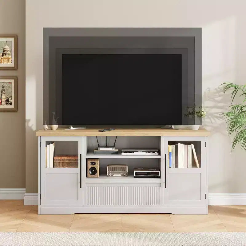Meuble TV 70", Centre de divertissement style ferme avec motif ondulé, 2 armoires à portes vitrées + 2 étagères ouvertes, Console multimédia pour salon