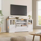 Meuble TV 70", Centre de divertissement style ferme avec motif ondulé, 2 armoires à portes vitrées + 2 étagères ouvertes, Console multimédia pour salon