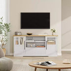 Meuble TV 70", Centre de divertissement style ferme avec motif ondulé, 2 armoires à portes vitrées + 2 étagères ouvertes, Console multimédia pour salon