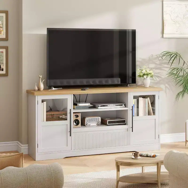 Meuble TV 70", Centre de divertissement style ferme avec motif ondulé, 2 armoires à portes vitrées + 2 étagères ouvertes, Console multimédia pour salon