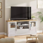 Meuble TV 70", Centre de divertissement style ferme avec motif ondulé, 2 armoires à portes vitrées + 2 étagères ouvertes, Console multimédia pour salon
