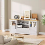Meuble TV 70", Centre de divertissement style ferme avec motif ondulé, 2 armoires à portes vitrées + 2 étagères ouvertes, Console multimédia pour salon