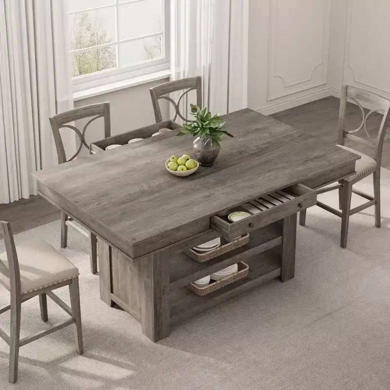 Table de salle à manger de ferme pour 4-6 personnes, table de cuisine en bois hauteur comptoir avec étagères de rangement et tiroir pour salle à manger d'appartement