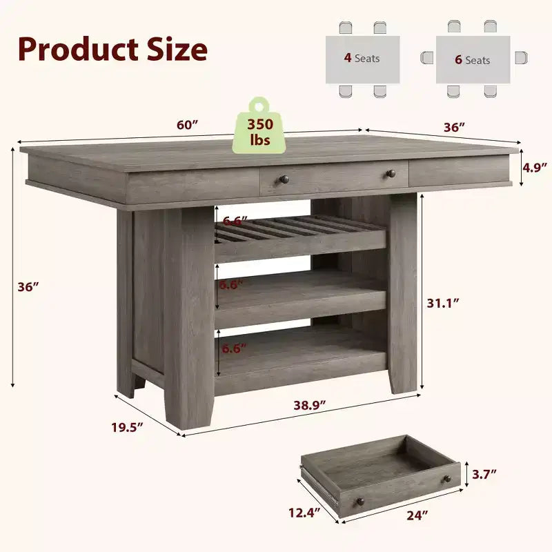 Table de salle à manger de ferme pour 4-6 personnes, table de cuisine en bois hauteur comptoir avec étagères de rangement et tiroir pour salle à manger d'appartement