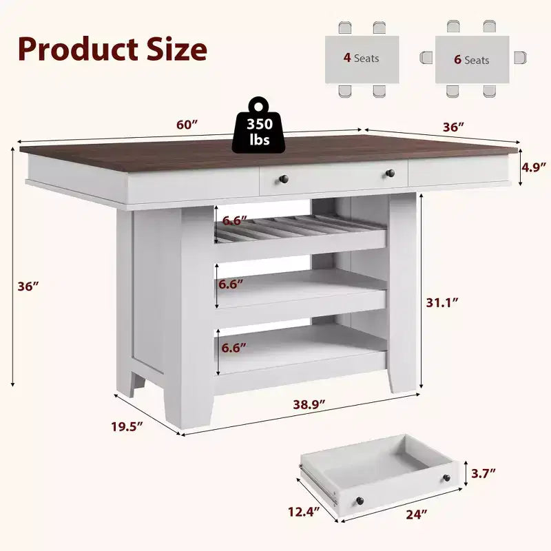 Table de salle à manger de ferme pour 4-6 personnes, table de cuisine en bois hauteur comptoir avec étagères de rangement et tiroir pour salle à manger d'appartement