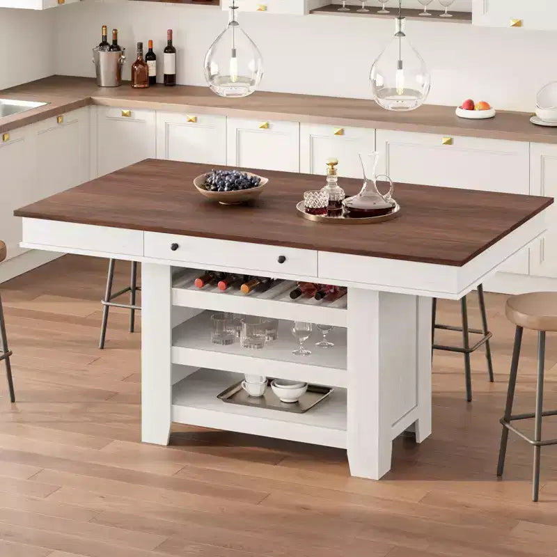 Table de salle à manger de ferme pour 4-6 personnes, table de cuisine en bois hauteur comptoir avec étagères de rangement et tiroir pour salle à manger d'appartement