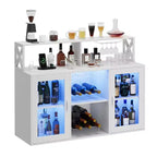 Meuble de bar à liqueurs autoportant avec éclairage LED et prises électriques, avec casier à vin et porte-verres