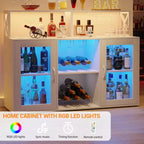 Meuble de bar à liqueurs autoportant avec éclairage LED et prises électriques, avec casier à vin et porte-verres