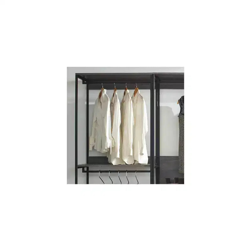 Système de rangement de dressing noir en bois composite avec bacs de rangement - 77,7"H x 111"L