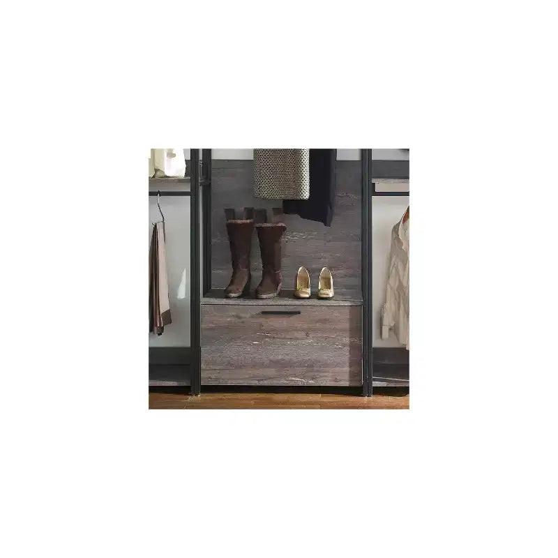 Système de rangement de dressing noir en bois composite avec bacs de rangement - 77,7"H x 111"L