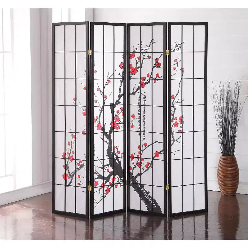 MAYEERTY 4 Panel Screem Room Divider Plum Blossom Black for Home Office