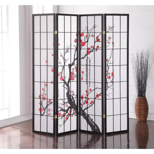 MAYEERTY 4 Panel Screem Room Divider Plum Blossom Black for Home Office