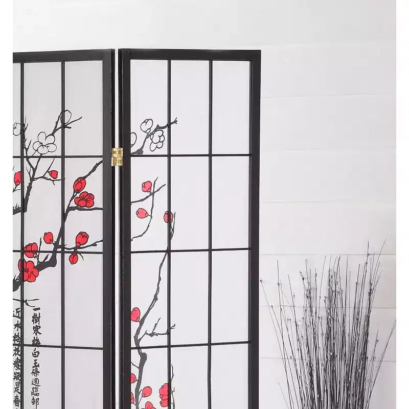 Paravent 4 panneaux, motif pruniers en fleurs sur fond noir, écran d'intimité pliable pour bureau à domicile