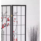 Paravent 4 panneaux, motif pruniers en fleurs sur fond noir, écran d'intimité pliable pour bureau à domicile