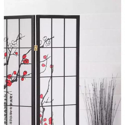 Paravent 4 panneaux, motif pruniers en fleurs sur fond noir, écran d'intimité pliable pour bureau à domicile