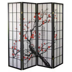 Paravent 4 panneaux, motif pruniers en fleurs sur fond noir, écran d'intimité pliable pour bureau à domicile