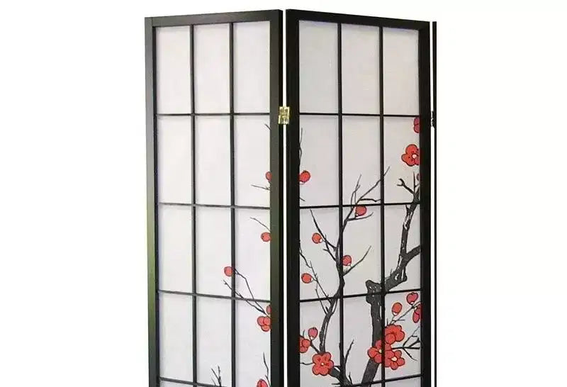 Paravent 4 panneaux, motif pruniers en fleurs sur fond noir, écran d'intimité pliable pour bureau à domicile