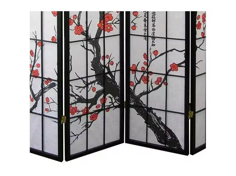 Paravent 4 panneaux, motif pruniers en fleurs sur fond noir, écran d'intimité pliable pour bureau à domicile