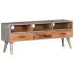 Meuble TV gris et brun miel, en bois de manguier massif avec finition vieillie, 130 cm