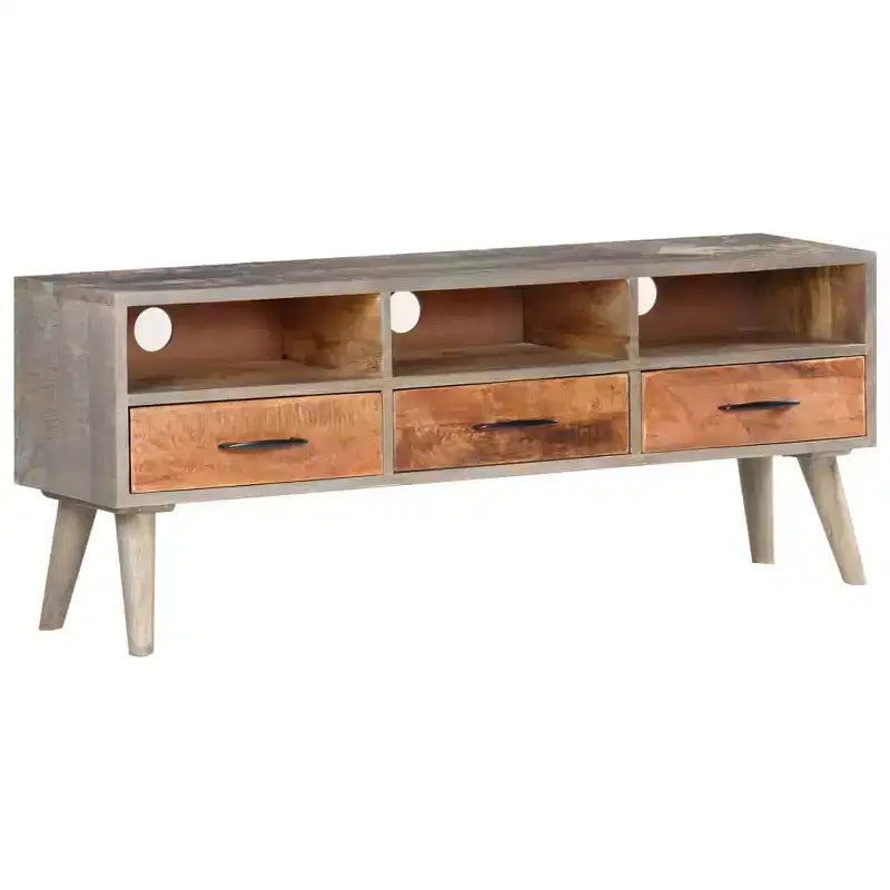 Meuble TV gris et brun miel, en bois de manguier massif avec finition vieillie, 130 cm
