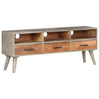 Meuble TV gris et brun miel, en bois de manguier massif avec finition vieillie, 130 cm