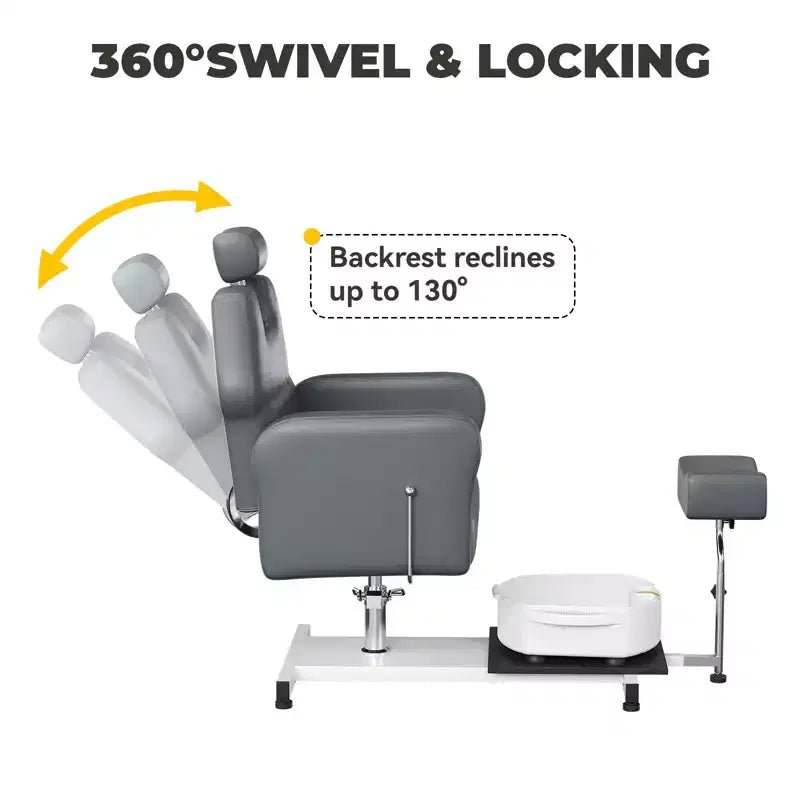 Fauteuil Pédicure Inclinable avec Tabouret, Repose-Pieds & Bassine de Massage, Poste de Pédicure à Vérin Hydraulique pour Technicien Ongulaire, Fauteuil Spa pour Pieds Pivotant
