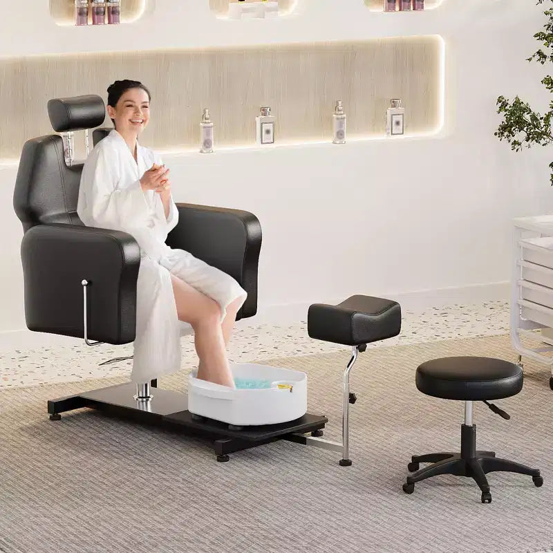 Fauteuil Pédicure Inclinable avec Tabouret, Repose-Pieds & Bassine de Massage, Poste de Pédicure à Vérin Hydraulique pour Technicien Ongulaire, Fauteuil Spa pour Pieds Pivotant