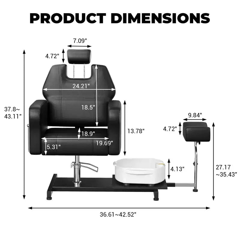 Fauteuil Pédicure Inclinable avec Tabouret, Repose-Pieds & Bassine de Massage, Poste de Pédicure à Vérin Hydraulique pour Technicien Ongulaire, Fauteuil Spa pour Pieds Pivotant