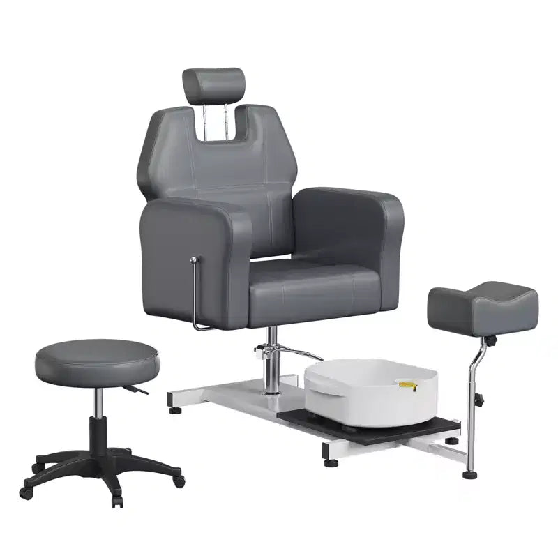 Fauteuil Pédicure Inclinable avec Tabouret, Repose-Pieds & Bassine de Massage, Poste de Pédicure à Vérin Hydraulique pour Technicien Ongulaire, Fauteuil Spa pour Pieds Pivotant